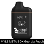 MYLE META BOX 5000 Puffs Georgia Peach delivers sweet, juicy peach vibes with 2% nicotine, 12ml e-liquid, and a 400mAh battery in a sleek disposable