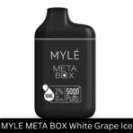 MYLE META BOX 5000 Puffs White Grape Ice combines sweet white grapes with an icy kick, powered by a 400mAh battery and filled with 12ml of 2% nicotine e-liquid