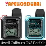 Uwell Caliburn GK3 Pod Kit with 25W output, LCD screen, 900mAh battery, and leak-resistant pod system