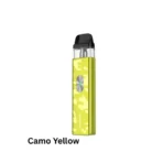 Vaporesso Xros 4 Mini Pod Kit in camo yellow with 30W power, 1000mAh battery, adjustable airflow, and USB Type-C charging