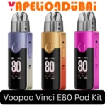 Voopoo Vinci E80 pod kit featuring a 1.47-inch TFT color display, adjustable airflow, and sleek aluminum alloy body