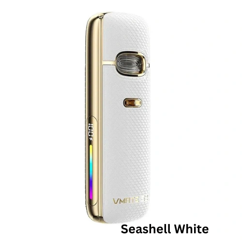 Voopoo VMATE E2 Seashell White – Elegant 30 W Leather Pod Kit Voopoo VMATE E2 Pod Kit in Seashell White with 1500 mAh battery, 30 W output, and top-fill 3 ml pod in a soft leather finish
