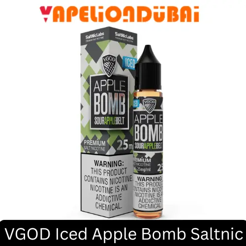 VGOD Iced Apple Bomb SaltNic 30ml bottle featuring Granny Smith apple, sour candied apple flavor and a smooth iced menthol finish