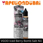 VGOD Iced Berry Bomb SaltNic 30ml e-liquid with sweet strawberry, sugar-coated sour strawberry belt, and icy menthol finish