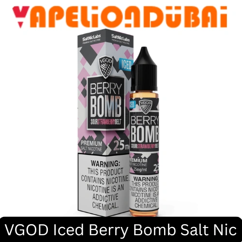 VGOD Iced Berry Bomb SaltNic 30ml e-liquid with sweet strawberry, sugar-coated sour strawberry belt, and icy menthol finish