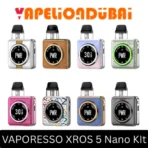 Vaporesso XROS 5 Nano Pod Kit 5-30W with 1600mAh battery, touchscreen display, adjustable airflow, pods, and USB-C cable
