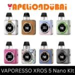 Vaporesso XROS 5 Nano Pod Kit 5-30W with 1600mAh battery, touchscreen display, adjustable airflow, pods, and USB-C cable
