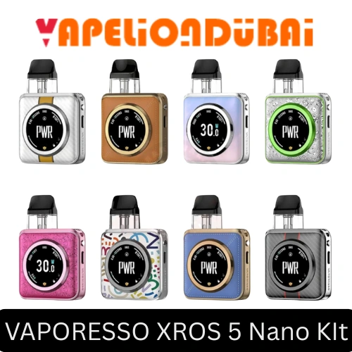 Vaporesso XROS 5 Nano Pod Kit 5-30W with 1600mAh battery, touchscreen display, adjustable airflow, pods, and USB-C cable