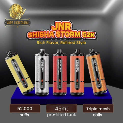 JNR Shisha Storm 52000 Puffs disposable vape with 45mL e-liquid, rechargeable battery, and adjustable airflow in Dubai