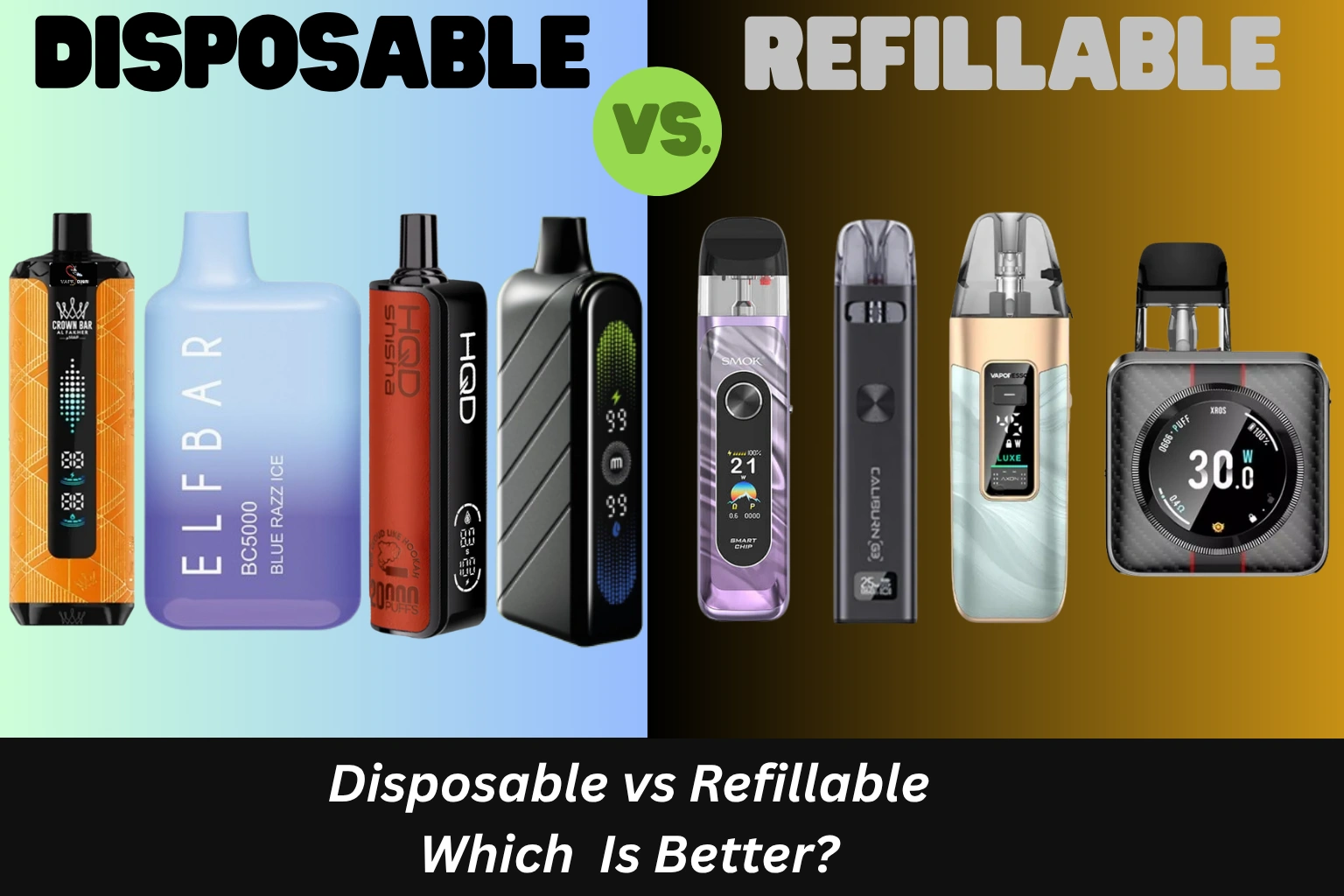 Side-by-side comparison of disposable vapes vs refillable vapes showing portability, convenience, and customization for Dubai users