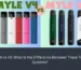 Side-by-side view of MYLÉ V4 and MYLÉ V5 pod systems showing key differences in battery, pod capacity, charging port, and design