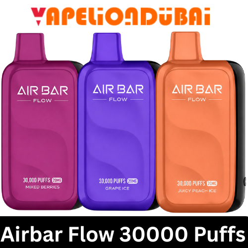 Airbar Flow 30000 Puffs 20mg disposable vape in Dubai Airbar Flow 30000 Puffs 20mg disposable vape device with 850 mAh rechargeable battery and 30 mL pre-filled e-liquid