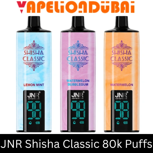 JNR Shisha Classic 80000 Puffs Disposable Vape in Dubai JNR Shisha Classic 80,000 Puffs rechargeable disposable vape with dual-animation display, 40mL e-liquid, and 1500mAh battery.