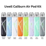 Uwell Caliburn Air Pod Kit available colors including Cloud White, Coral Orange, Grass Green, Lilac Violet, Mint Green, Mist Gray, Shadow Black, and Twilight Blue