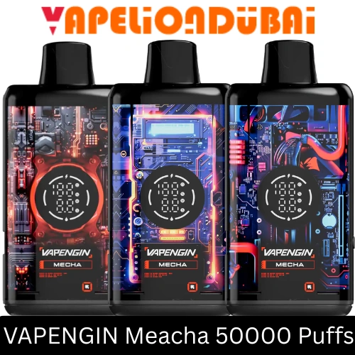 VAPENGIN Mecha 50000 Puffs with 4 adjustable power levels, dual mesh coil, and HD display