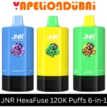 JNR HexaFuse 120K Puffs 6-in-1 disposable vape with rechargeable battery and e-liquid indicators