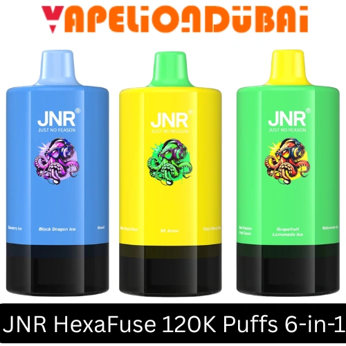 JNR HexaFuse 120K Puffs 6-in-1 disposable vape 5% Nicotine in Dubai JNR HexaFuse 120K Puffs 6-in-1 disposable vape with rechargeable battery and e-liquid indicators