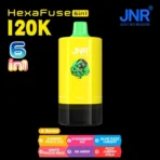 JNR HexaFuse 120K Puffs A-Series yellow device with Summer Peach Ice, Strawberry Ice, Blue Razz Cherry, White Peach Razz, Mi Amor and Fizzy Cherry Cola flavors