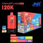 JNR HexaFuse 120K Puffs B-Series red device with Strawberry Red Bull, Blueberry Raspberry Cherry, Passion Fruit Kiwi, Dragon Fruit, Mango Ice and Mixed Berries flavors
