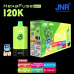 JNR HexaFuse 120K Puffs F-Series lime green device with Watermelon Ice, Strawberry Watermelon Ice, Black Ice, Kiwi Watermelon Ice, Strawberry Kiwi and Cola Ice flavors