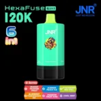 JNR HexaFuse 120K Puffs G-Series cyan device with Mango Passion Fruit, Summer Peach Ice, Strawberry Red Bull, Blueberry Pomegranate Ice, Passion Fruit Kiwi and Cool Mint flavors