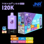 JNR HexaFuse 120K Puffs H-Series purple device with Peach Mango, Blue Razz Ice, Pink Lemonade, Sakura Grape, Lady Killa and Summer Peach Ice flavors