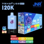 JNR HexaFuse 120K Puffs I-Series light blue device with Black Ice, Peach Blueberry Candy, Peach Ice, Cola Ice, Blueberry Red Raspberry and Strawberry Kiwi flavors