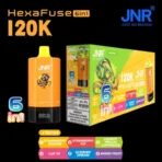 JNR HexaFuse 120K Puffs J-Series orange device with Strawberry Banana, Strawberry Ice, Cherry Peach Lemonade, Luv 66, Summer Dream and Mixed Fruit flavors