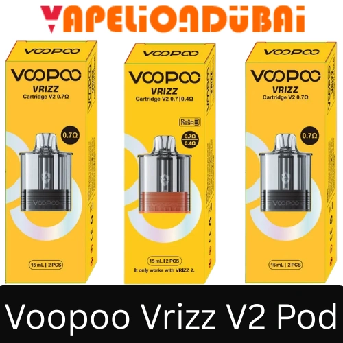 VOOPOO VRIZZ V2 replacement pods with 15ml capacity, 0.4Ω and 0.7Ω options, and Dual Mesh configuration
